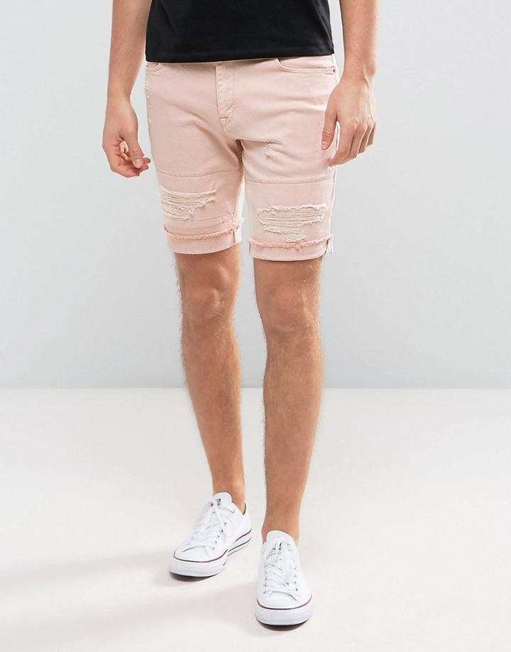 Asos Denim Shorts In Skinny Pink With Rip And Repair - Pink