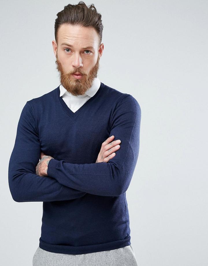 Asos Merino V-neck Sweater In Navy - Navy