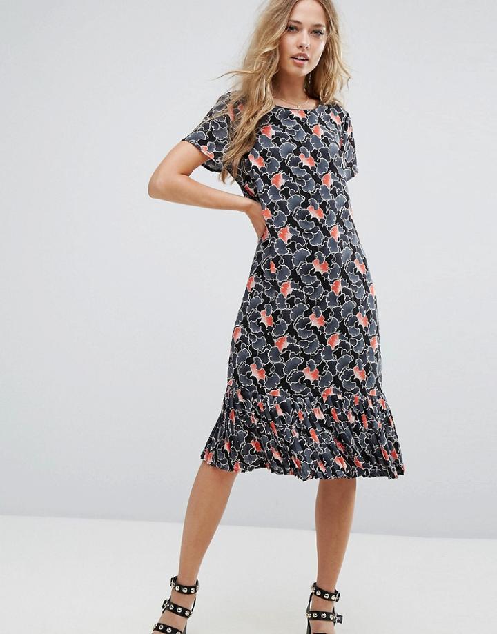 Vila Printed Pleated Hem Shift Dress - Black
