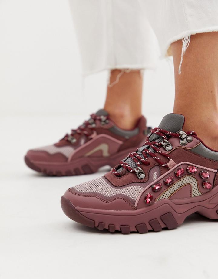 Bershka Embellished Hiker Sneaker In Burgundy - Red
