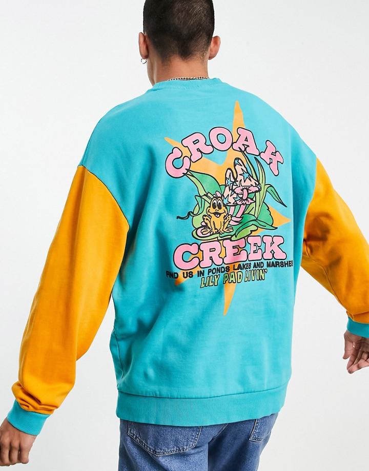 Asos Design Oversized Sweatshirt In Acid Bright Color Block With Frog Back Print-blues