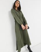 Urban Threads Satin Maxi Drawstring Waist Shirt Dress In Khaki-green