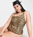 River Island Plus One Shoulder Eyelet Swimsuit In Animal Print-brown