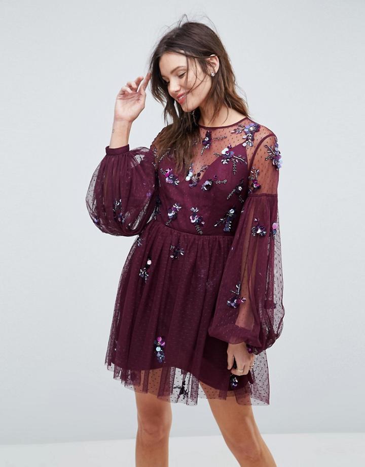 Asos Cluster Embellished Balloon Sleeve Mini Dress - Purple