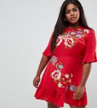 Asos Design Curve Embroidered Mini Skater Dress With Pephem - Red