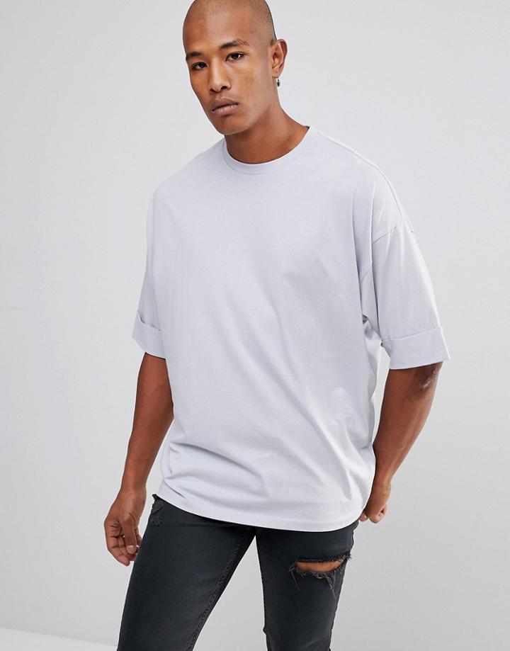 Asos Design T-shirt With Deep Roll Sleeve In Light Grey - Blue