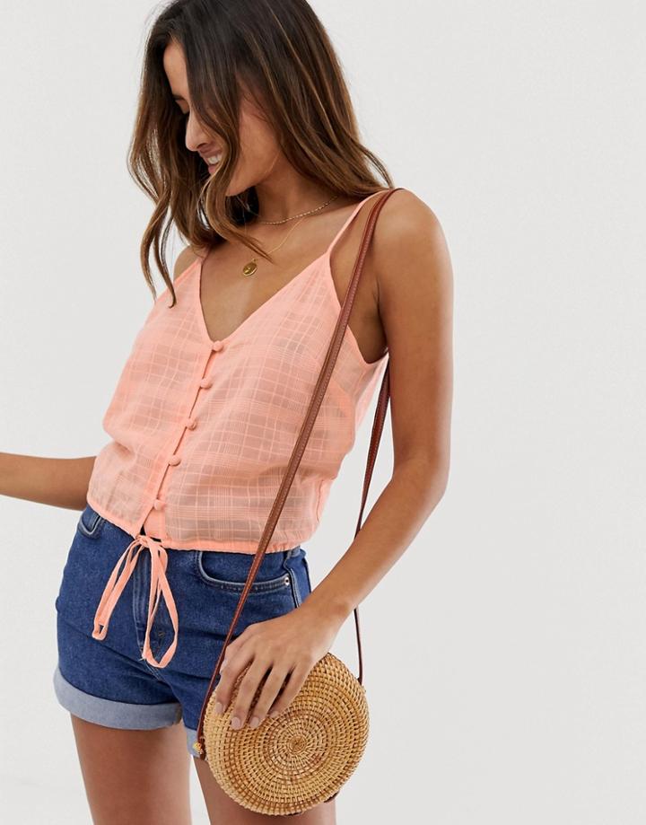 Asos Design Cami Button Front Sun Top In Grid Check-pink