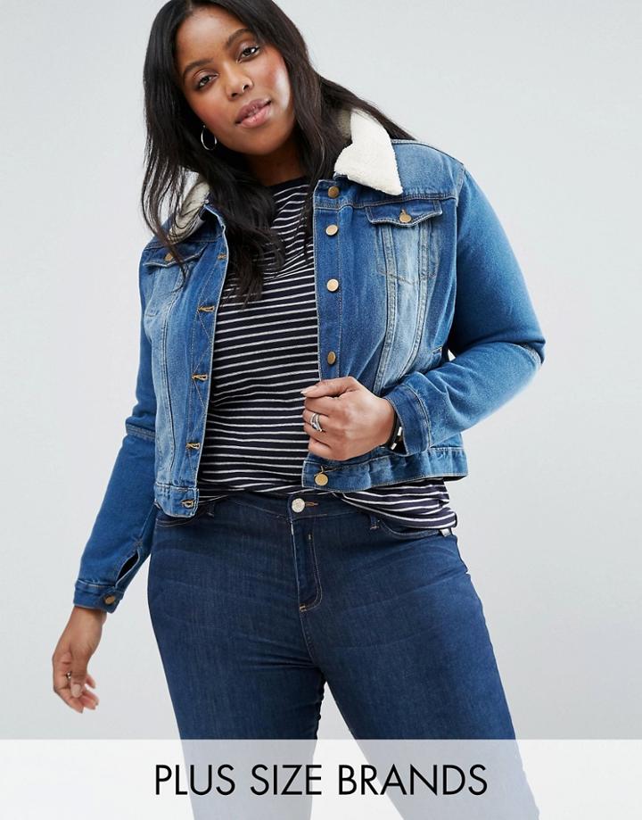 Brave Soul Plus Denim Jacket With Faux Shearling Collar - Blue