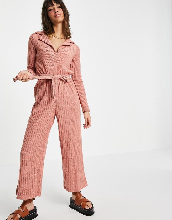 Asos Design Fluffy Rib Collar Tie Waist Jumpsuit In Soft Rust-brown