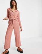 Asos Design Fluffy Rib Collar Tie Waist Jumpsuit In Soft Rust-brown