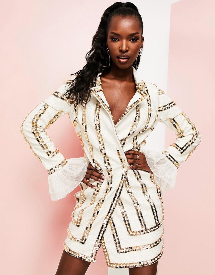 Asos Luxe Stripe Embellished Tux Mini Dress In White & Gold-multi