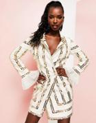 Asos Luxe Stripe Embellished Tux Mini Dress In White & Gold-multi