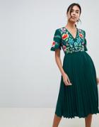 Asos Design Pleated Embroidered Midi Dress - Green