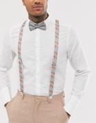 Asos Design Suspenders And Bow Tie Set In Gray Floral And Plain - Gray