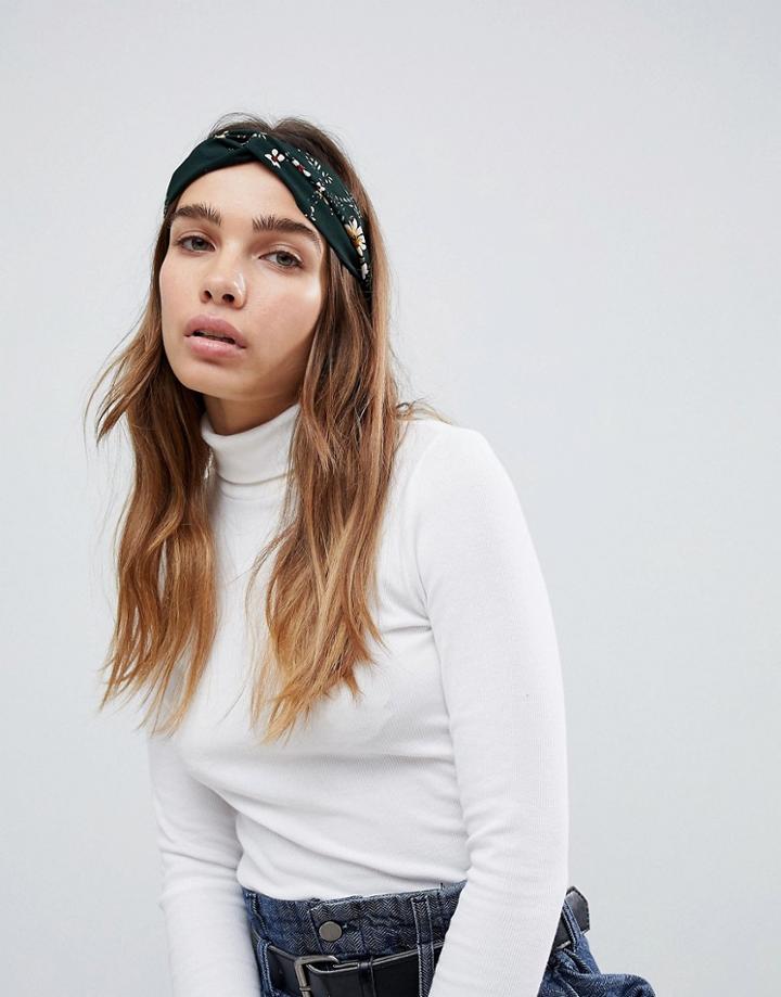 Asos Design Pretty Floral Twist Headband - Green