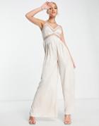 Lost Ink Wide Leg Satin Lace Insert Jumpsuit In Champagne-white