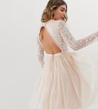 Needle & Thread Embellished Long Sleeve Midi Dress With Tulle Skirt In Rose Quartz - Pink