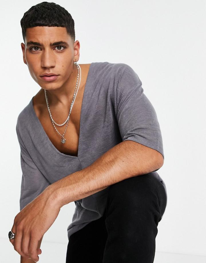 Asos Design Oversized T-shirt In Linen Look Fabric With Deep V In Washed Black