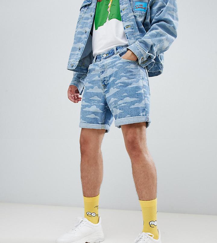 The Simpsons X Asos Design Denim Shorts With Cloud Burnout - Blue
