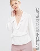 Alter Petite Wrap Front Long Sleeve Blouse With Ruffle Detail - Cream