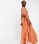 Asos Design Tall Shirred Pleated Maxi Dress With Tie Sleeves In Plain Textured Spot In Rust