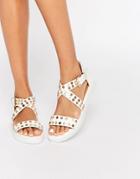 London Rebel Cross Strap Stud Flat Sandals - White Pu