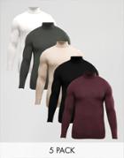 Asos Extreme Muscle Long Sleeve T-shirt With Roll Neck 5 Pack - Multi