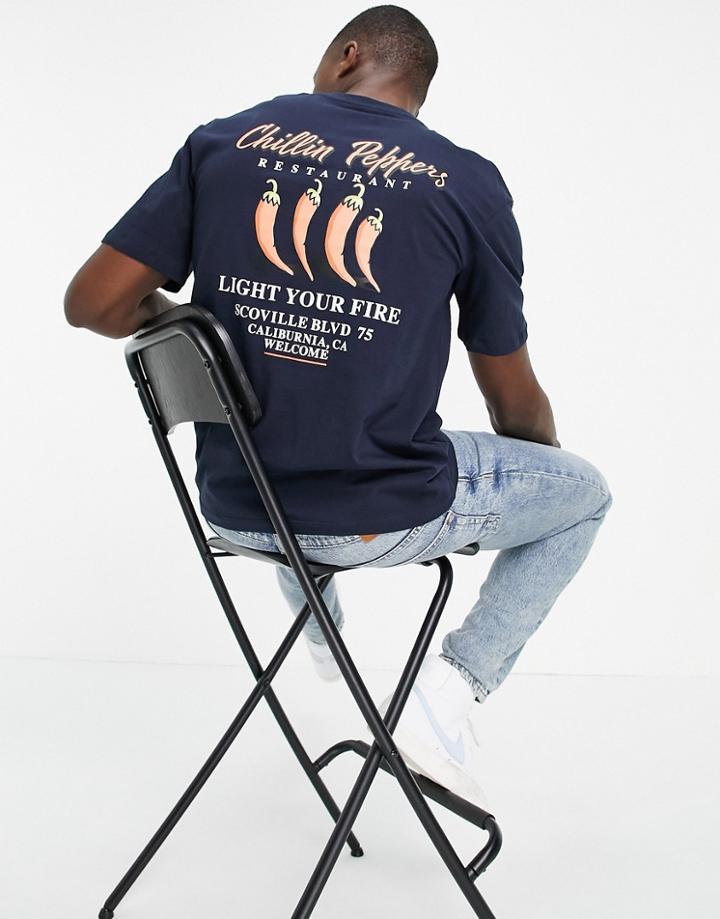 Jack & Jones Originals Relaxed Fit T-shirt With Chilli Back Print In Navy
