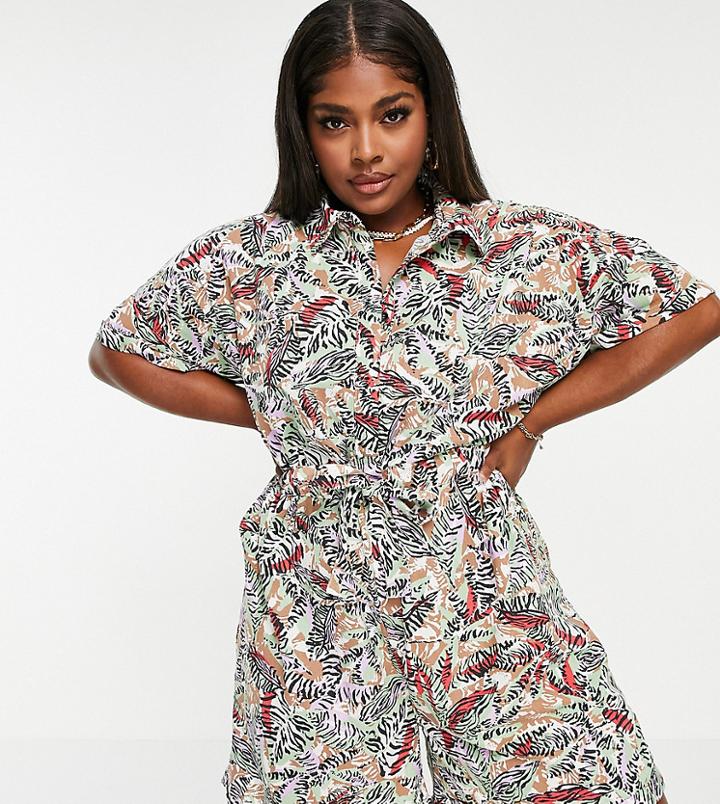 Noisy May Curve Shirt Romper In Tropical Print-multi