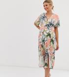 Asos Design Maternity Exclusive Midi Textured Batwing Dress In Tropical Print-multi