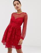 Dolly & Delicious Long Sleeve Lace Insert Dress - Red