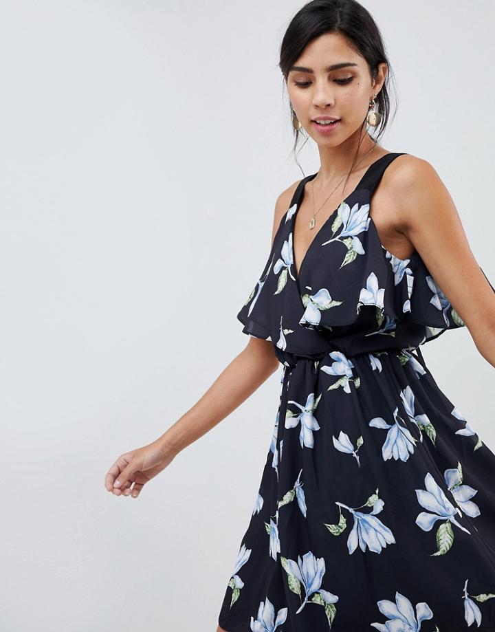 Oh My Love Printed Frill Wrap Mini Dress - Black