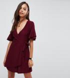 Asos Petite Mini Wrap Dress With Double Flutter Sleeve - Red