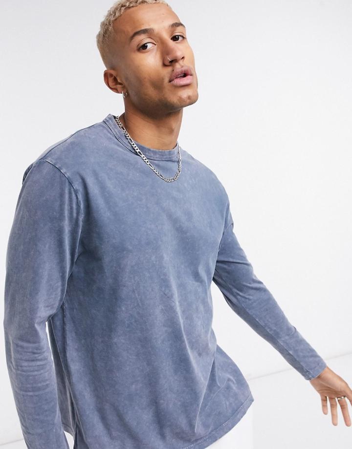 Asos Design Relaxed Long Sleeve T-shirt In Navy Acid Wash