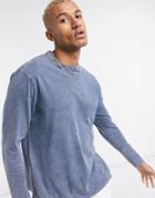 Asos Design Relaxed Long Sleeve T-shirt In Navy Acid Wash