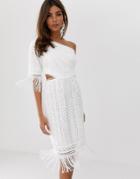 Asos Design One Shoulder Mini Dress In Cutwork Lace With Fringe Hem - White