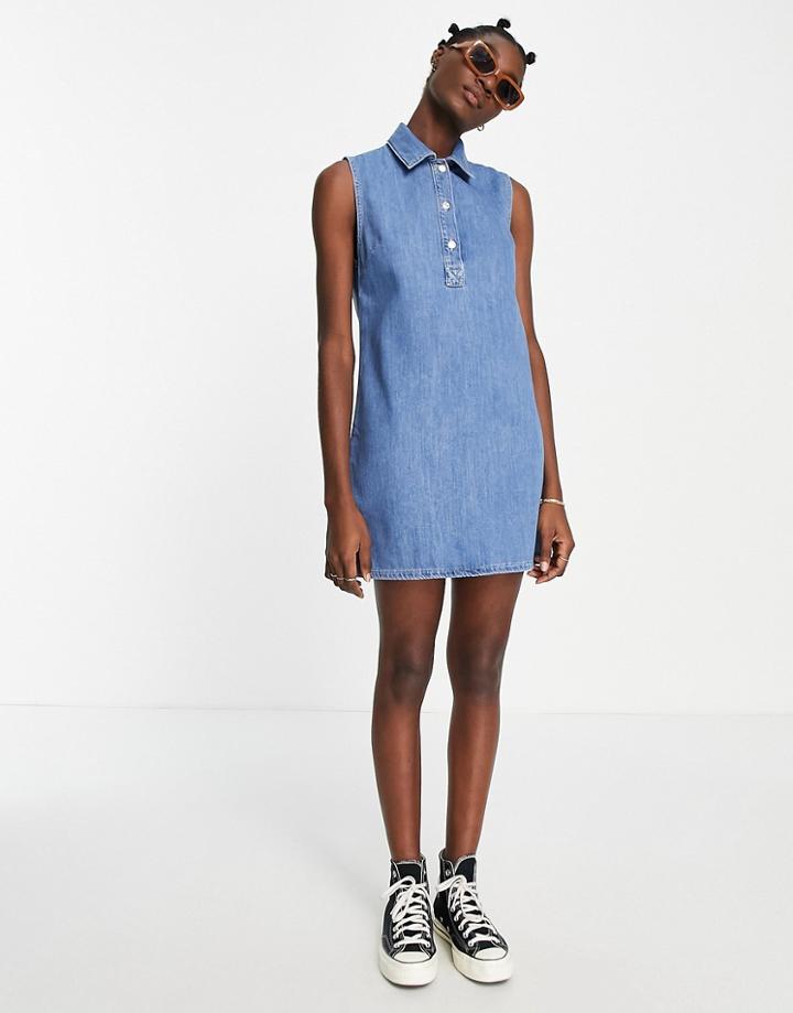Topshop Polo Sleeveless Dress In Bleach-blue
