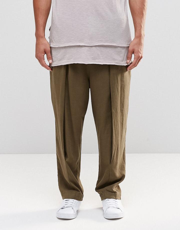 Asos Slim Pleated Pants In Khaki - Green