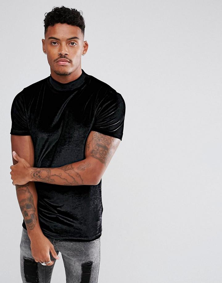 Asos Muscle T-shirt With Turtleneck In Black Velour - Black