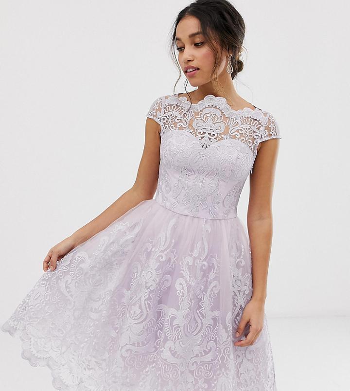 Chi Chi London Petite Premium Lace Midi Skater Dress In Pink - Pink