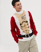 Burton Menswear Christmas Sweater With Santa Abs In Red - Red