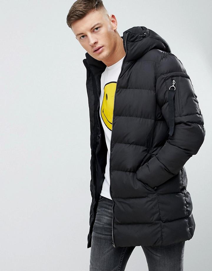 Pull & Bear Puffer Parka Jacket In Black - Black