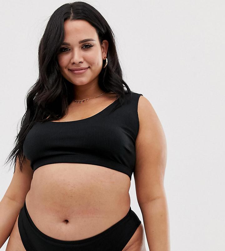 Boohoo Plus Ribbed Crop Bikini Top In Black - Black