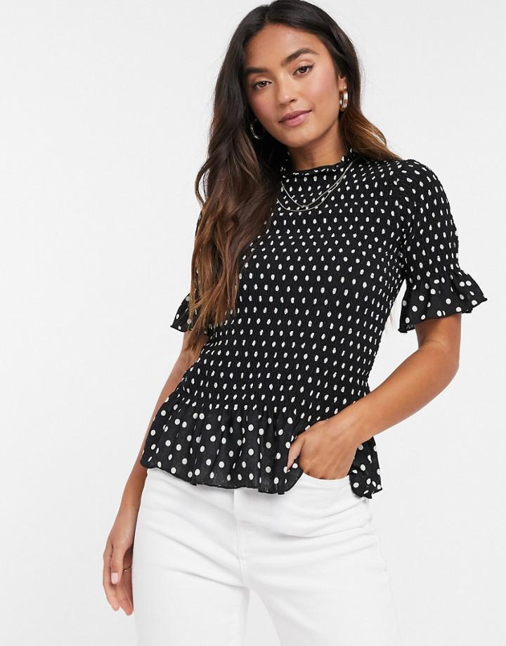 River Island Polka Dot Shirred Peplum Top In Black
