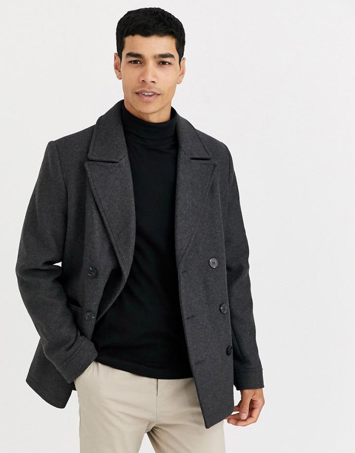 Asos Design Wool Mix Peacoat In Charcoal