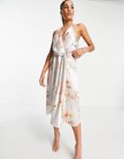 Asos Design Minimal Drape Satin Midi Dress In Occasion Floral Print-multi