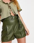 Naanaa High Waisted Faux Leather Shorts In Khaki-green