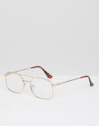 Asos Design Navigator Glasses In Gold With Clear Lens - Gold