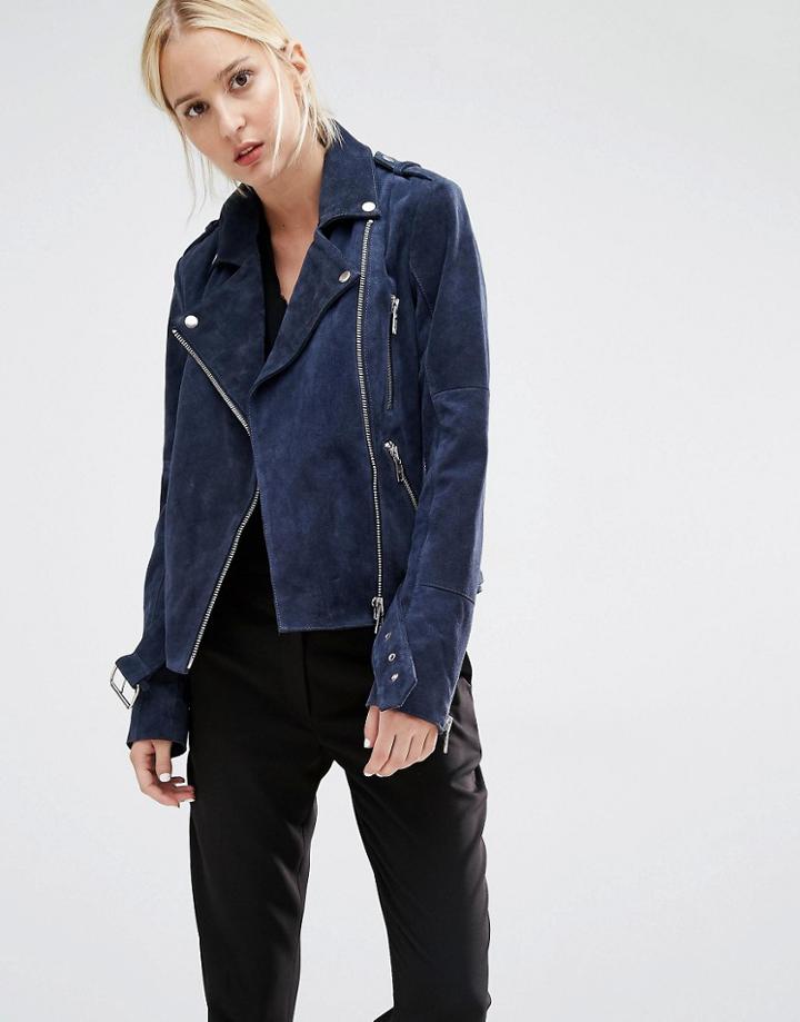 Gestuz Daya Biker Jacket In Navy Suede - Navy