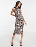 Vila Recycled Blend Marble Print Midi Dress In Brown-multi